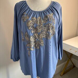 Chico’s Size 3 Blue Embellished Floral Long Sleeve Top Boho
